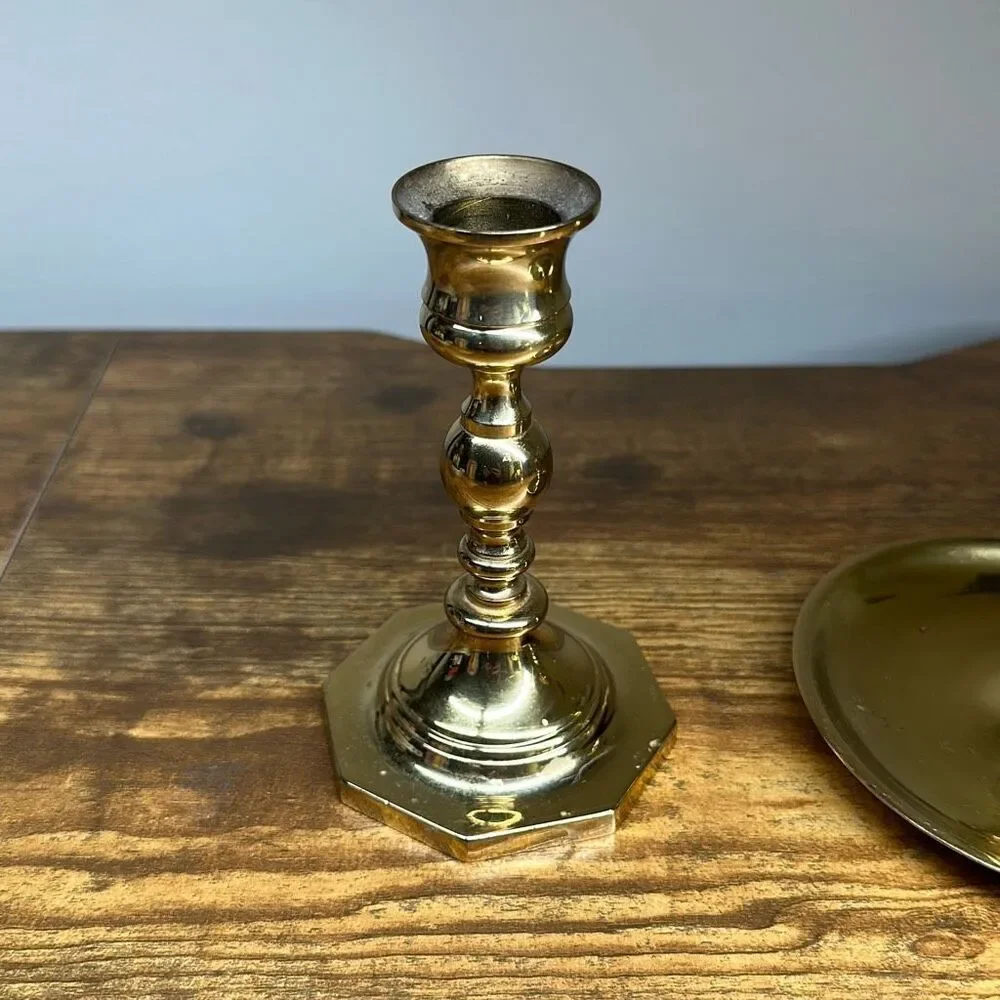 5” Shiny Brass Taper‎ Candlestick Holder and Chamberstick with Finger Loop set 2